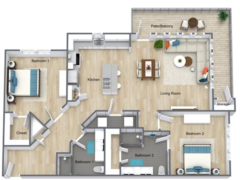 Floor plan for 2 beds, 2 baths, 1238 sqft